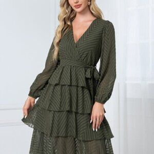 Elegant Layers: Chiffon Ruffle Midi in Forest Tones